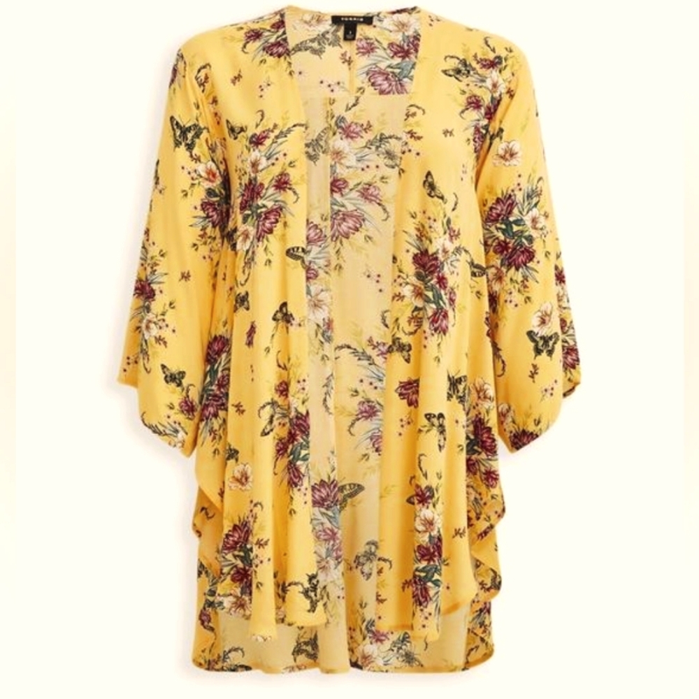 Torrid Yellow Floral Shirt Tail Kimono - Size 3